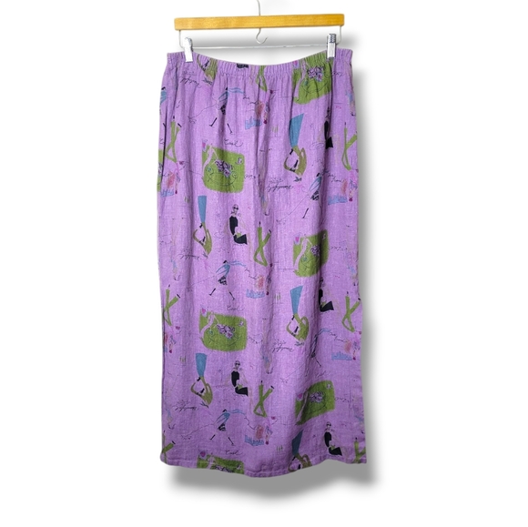 Vintage Tom Tom Linen Skirt L Artsy Cafe Print Straight Midi 90s USA - Picture 1 of 9